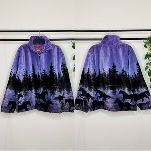 Black Mountain Equestrian Horse Print Fleece Full Zip Jacket Unique size Large